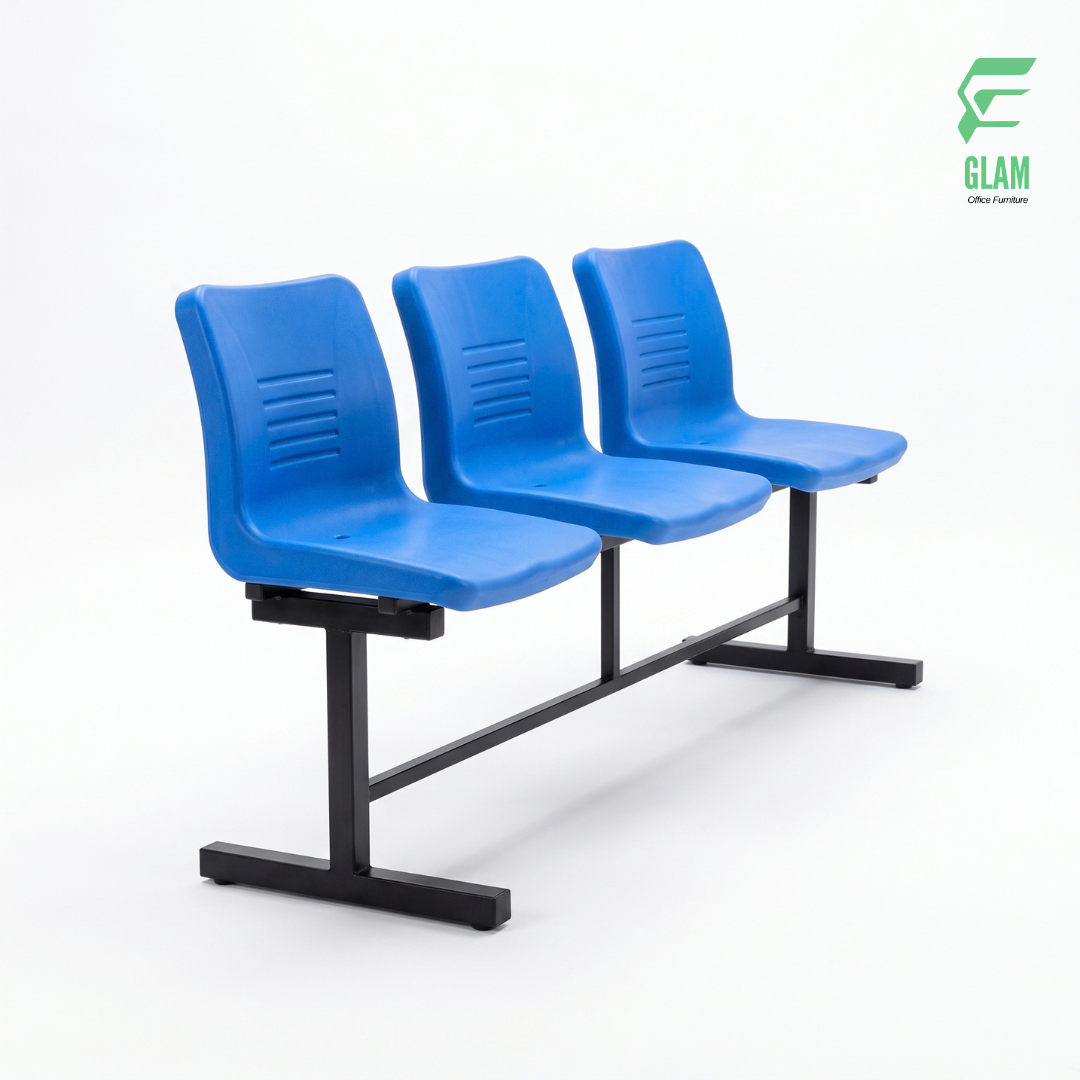 GLAM 3-seater blue molded plastic waiting bench chair with heavy-duty black powder-coated steel frame without armrests