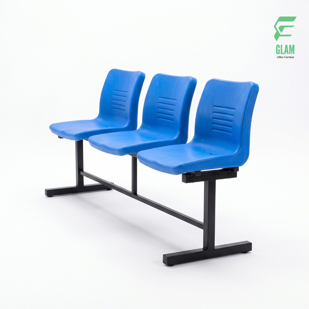 GLAM 3-seater blue molded plastic waiting bench chair with heavy-duty black powder-coated steel frame without armrests