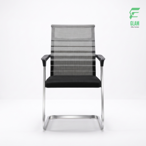 Modern black mesh cantilever visitor chair with chrome frame and armrests, back view