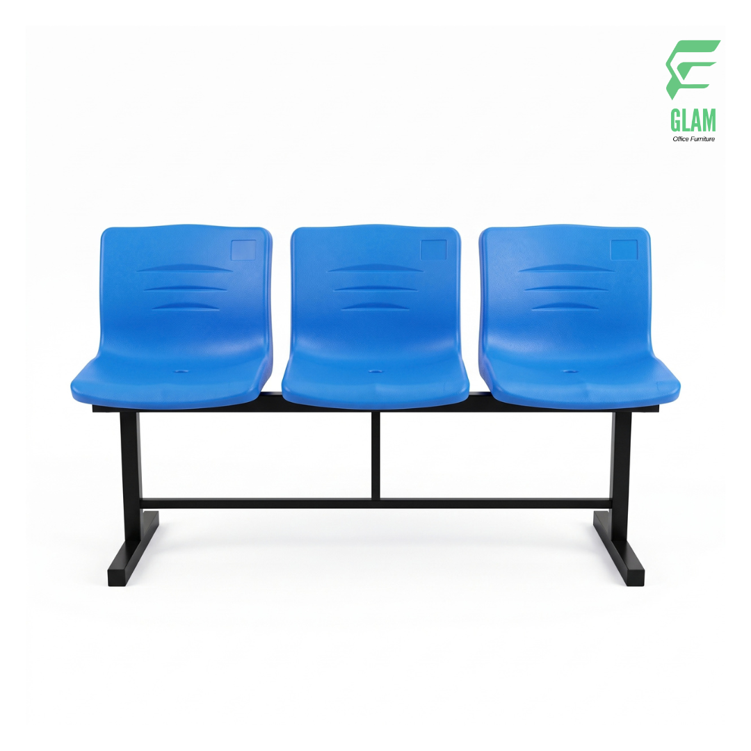 GLAM 3-seater blue molded plastic waiting bench chair with heavy-duty black powder-coated steel frame without armrests